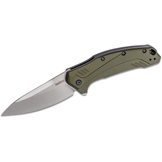 Kershaw Link Olive Stonewash Pocketknife, 3.25" CPM 20CV Steel Drop Point Blade, Assisted One-Handed Flipper Opening, Folding EDC, Stainless Steel, olive green