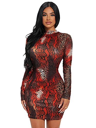 Floerns Women s Leopard Print Long Sleeve Mock Neck Bodycon Party Mini Dress Red Multi M