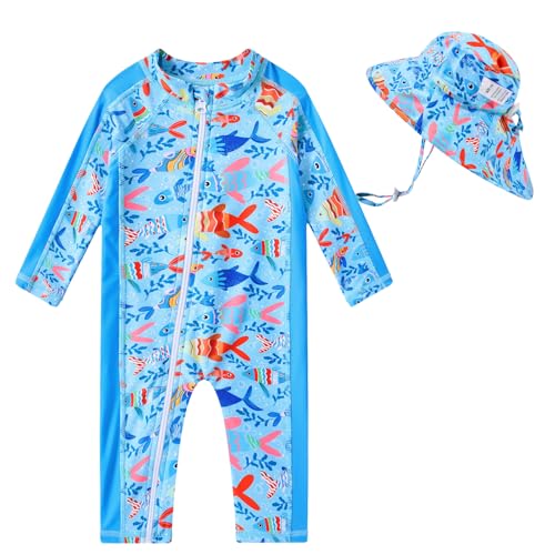 Image of Funnycokid Baby Swimsuit Boy UPF50+ Zipper Infant Bathing Suits One Piece Rash Guard Swimwear with Hat