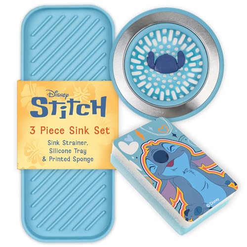 Disney 3-in-1 Kitchen Sink Accessories Set Sink Drain Strainer Dish Sponge & Silicone Sink Tray Featuring Stitch & Winnie the Pooh