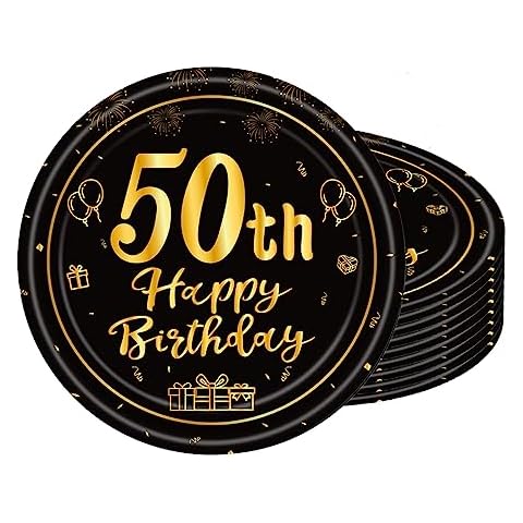 POPOYU 16pcs Black and Gold Party Plates Cover