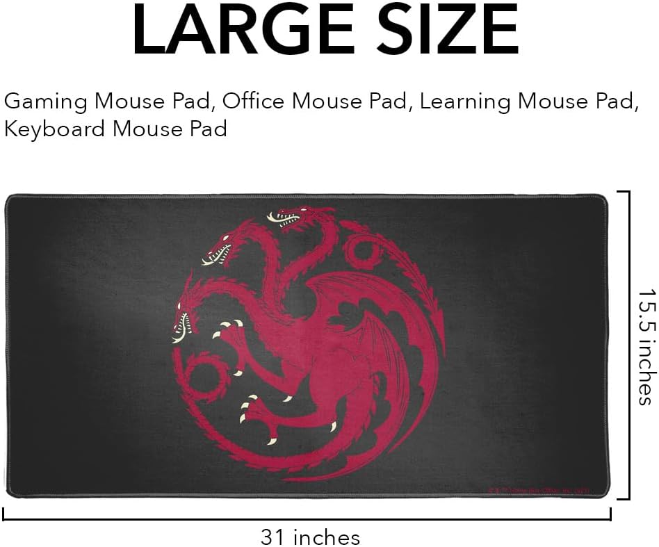 Game of Thrones Targaryen Sigil Large Gaming Mouse Pad Desk Mat with Stitched Edges, Non-Slip Base for Gamer, Home and Office, 31.5 x 15.7