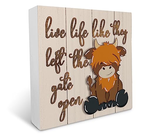 Image of Live Life Like They Left the Gate Open Cute Highland Cow Wood Box Sign Rustic Farmhouse Style Wood Block Plaque Decor for Country Home Bedroom Living Room Wall Desk Shelf Decoration,Housewarming Gifts