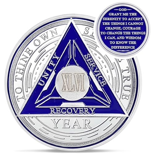 Image of Recovery Triangle 46 Year Sobriety Coin - Silver Roman Numeral NA AA Coins - 1-65 Prime NA /HA /AA Chips and Medallions - Narcotics Alcoholics Anonymous Sober Gifts for Men Women