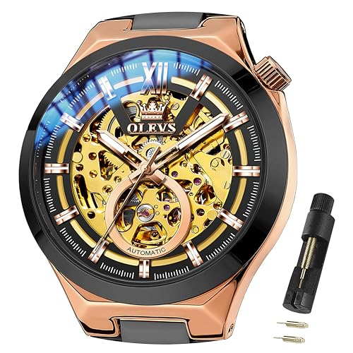 Image of OLEVS Mens Skeleton Watches Automatic Self Winding Mechanical Designer Luxury Dress Stainless Steel Waterproof Original Wrist Watches for Men