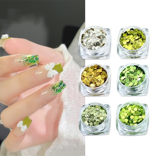 St. Patrick's Day Nail Art Glitters 6 Colors Holographic Green Glitter Iridescent Chunky Nail Flakes Hexagon Face Sequins for Spring DIY Nail Supplies Festival Craft Decoration
