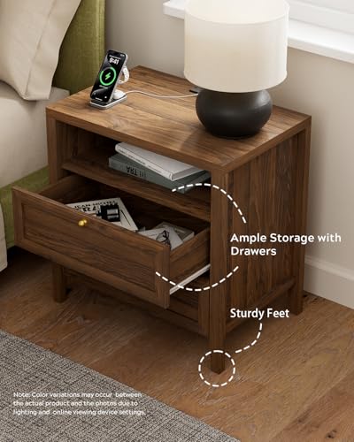 Image of EYYTHUNG Wooden Nightstand with Charging Station Modern End Table with 2 Drawers Farmhouse Night Stand Bedside Side Table with Storage Open Shelf for Sofa, Bedroom, Brown
