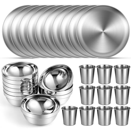 Sunnyray 10 Sets Stainless Steel Plates Bowls and Cups 304 Metal Camping Stainless Steel Dinnerware for Serving Reusable Double Walled Insulated Plates Bowls and Cups for Rice Ice Cream