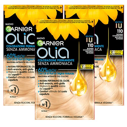 Garnier Olia Tinte permanente para el cabello sin amoníaco con aceites florales de origen natural con acción iluminadora y nutritiva, color 110 rubio muy claro natural intenso - 3 paquetes
