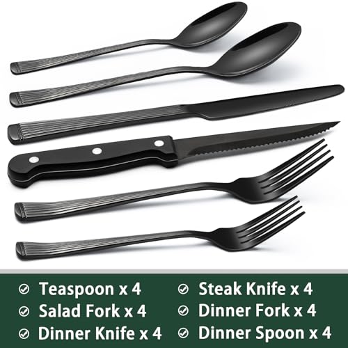 Image of EWFEN 24-Piece Black Silverware Set with Steak Knives, Black Flatware Set for 4, Food-Grade Stainless Steel Tableware Cutlery Set, Mirror Finished Utensil Sets for Home Restaurant, Roman Column