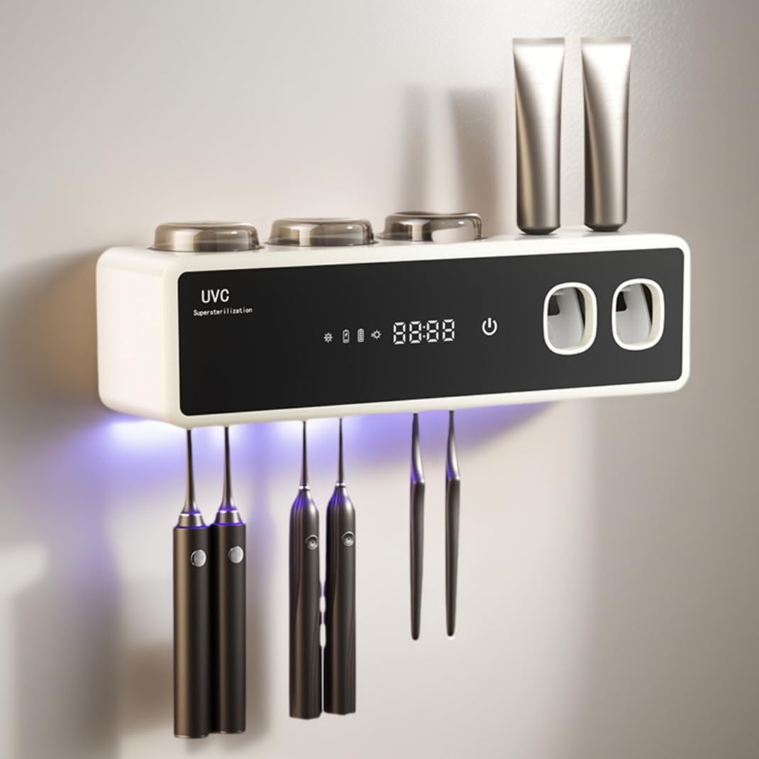 Soporte Inteligente para Cepillo de Dientes, dispensador automático de Pasta de Dientes, Organizador de Cepillo de eléctrico montado en la Pared con función de Secado, Color Blanco, Soportes