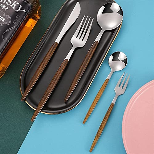 Image of Gold Flatware Matte Wooden Handle Stainless Steel Tableware Sets for 4 Including Forks Spoons Knives, Camping Silverware Travel Utensils Set Cutlery(Silver, Set of 20)