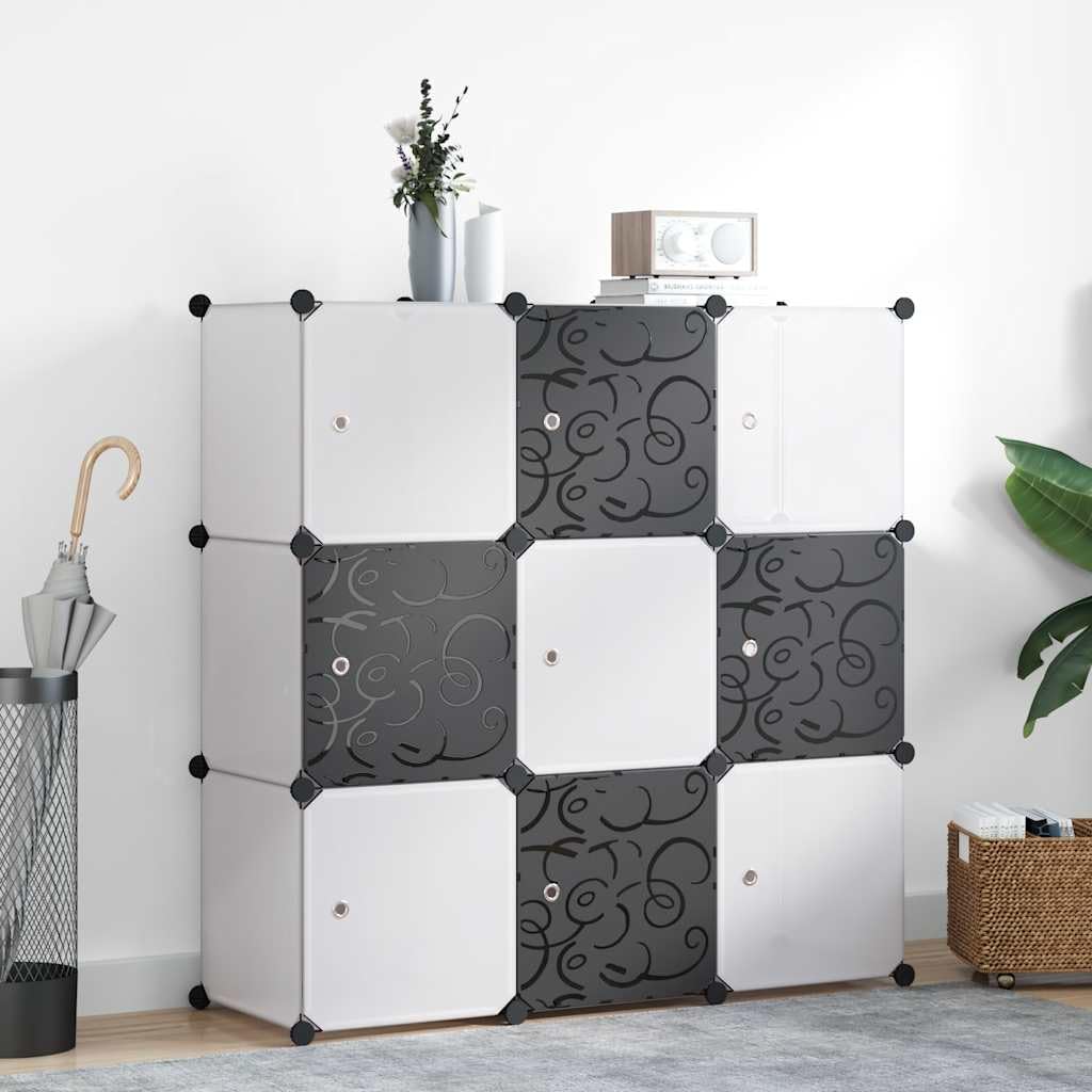 Estantería de 9 estantes modulares de polipropileno y alambre de acero, organizador versátil para salón, oficina o pasillo, estantería de pie en blanco y negro, dimensiones 110 x 37 x 110 cm