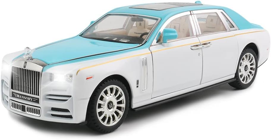 Image of Exquisite car Model 1 /24 Rolls-Royce Phantom Model Car,Zinc Alloy Pull Back Toy car with Sound and Light for Kids Boy Girl Gift. (Blue-White)