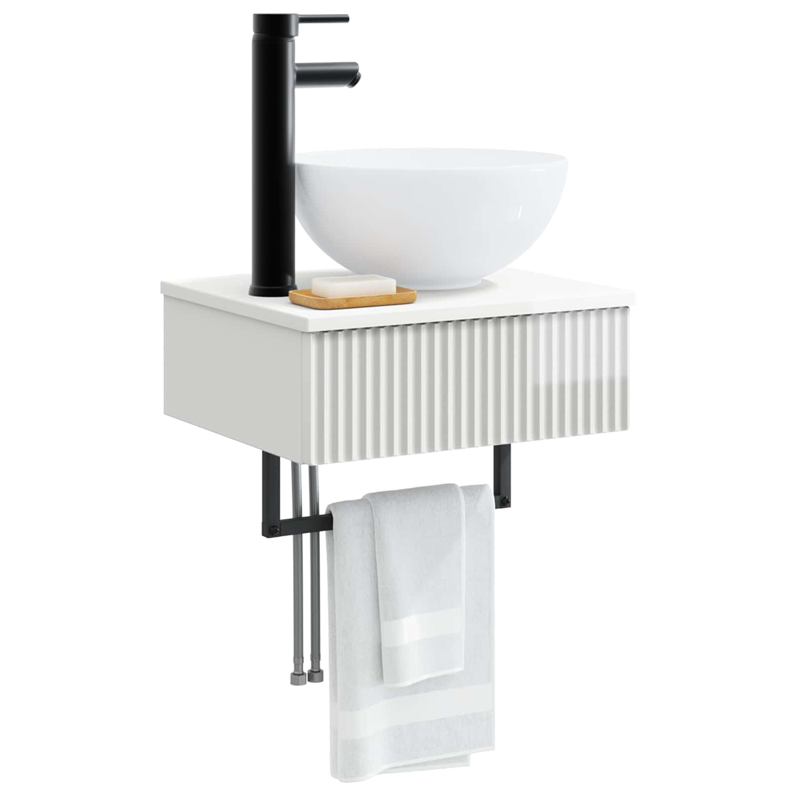 Lavabo de pared de color blanco brillante, 40 x 35 x 39 cm, moderno inodoro de invitados de madera, para ahorrar espacio, para baño pequeño, incluye accesorios