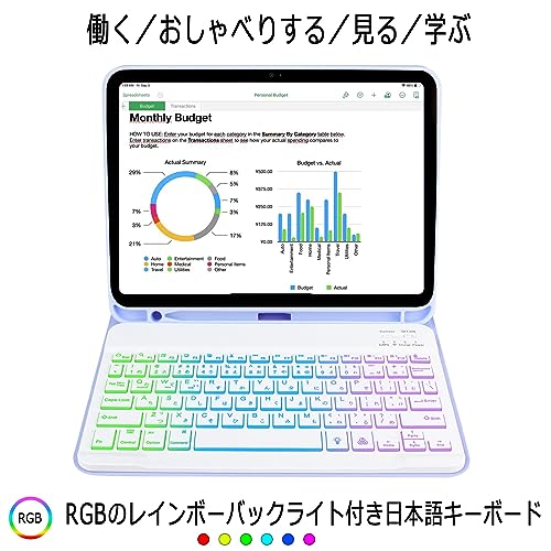 EAMPANG iPad (A16) 11インチ 第11世代2025/10世代 10.9インチ 2022ケース キーボード 日本語・英語, 7色レインボーバックライトキーボード付きケース iPad 10 11世代(A2696 A2757 A2777 A3354 A3355 A3356), 脱着式 Pencil収納 スタンド機能 多角度調整 傷つけ防止 耐久性【紫と白】