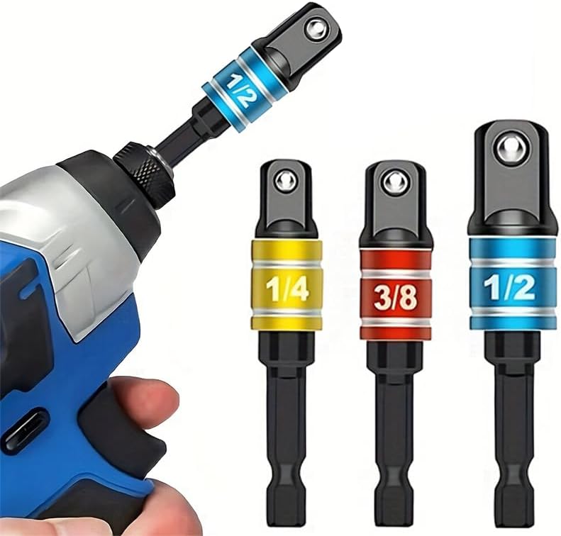 3PCS Drill Socket Adapter Set – Alloy Steel Wrench Converter with Colored Marking Rings, 1/4" 3/8" 1/2" Drive Impact Extension for Power Tools & Automotive Repairs(Black)