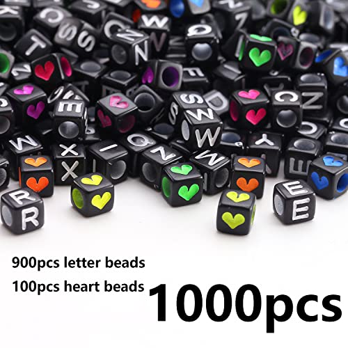 HERZWILD 1000pcs Letter Beads and Heart Beads Acrylic Alphabet Letter Cube Bead Square Loose A-Z Bead for Beading Making Art Craft Weaving DIY Bracelets (White-Black) - Image 2