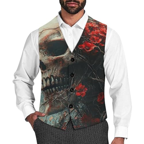 Formal Suit Vest Slim Fit Waistcoat Business Tuxedo, Red Skull Rose Flower Dark