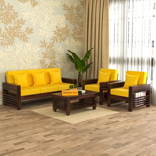 Image of Sheesham Wooden 5 Seater Sofa for Living Room | Rosewood 5 Seater Cushion Sofa with Side Teapoy for Home & Office | Solid Wood Sofa Set for Lounge (Walnut,Grey,3+1+1 Seater)
