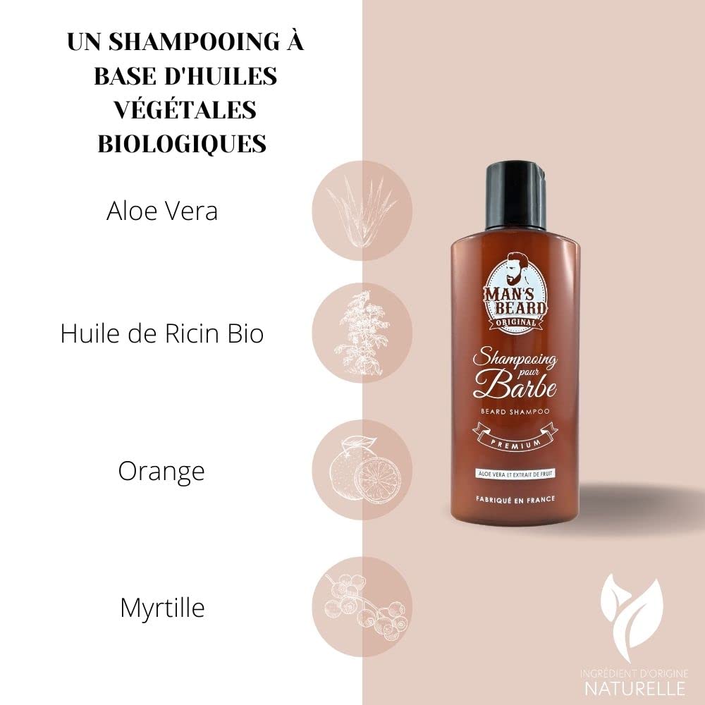Man's Beard | Shampoing barbe, Produit nettoyant visage homme | Soin de la barbe | Usage quotidien | Ingrédients d'origine naturelle - Huile de Ricin | 150 ml | 100% Fabrication française