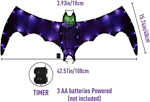 Miniatura 2 de Decoración de murciélago colgante de Halloween, murciélago con purpurina con 45 luces moradas para Halloween, pared, puerta delantera, porche,