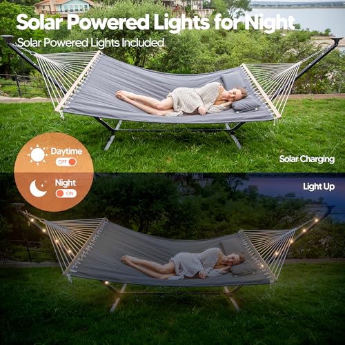 Image of SUNCREAT Double Hammock with 12 ft Stand, Solar Powered Lights Included, Outdoor Hammock for Outside, Dark Gray