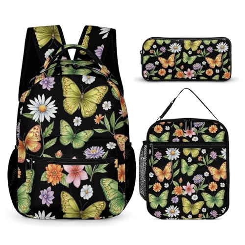 Backpack Bookbag Set Butterfly (116) Backpack with Lunch Bags and Makeup Bag Shoulder Bag with Lunch Box Storage Bags