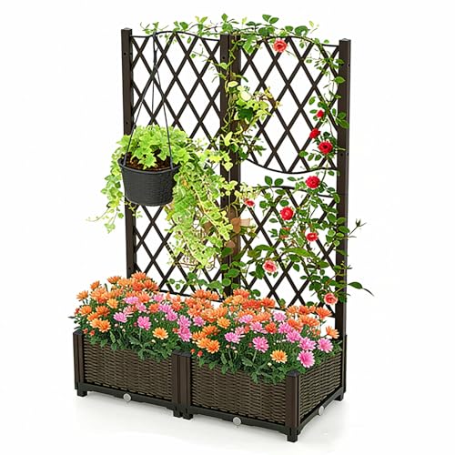 HOMASIS Fioriera con Spalliera da Esterno in PE, Vaso Rettangolare da Giardino con Auto-Irrigante e Fori di Drenaggio, Fioriera con Grigliato per Rampicanti da Balcone (Marrone, 80 x 40 x 122 cm)