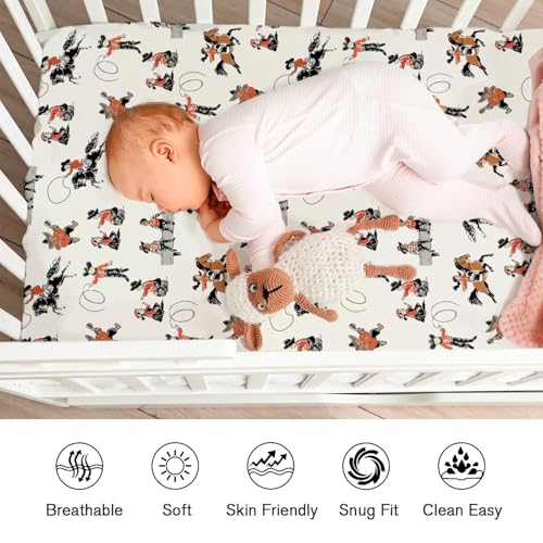 Image of Cute Western Cowboy Cowgirl Baby Crib Sheets for Boys Girls 52 inchx28 inch Country Western Horse Soft Breathable Snug Fitted Crib Mattress Covers Music Baby Sheet Fits Standard Crib and Toddler Mattresses