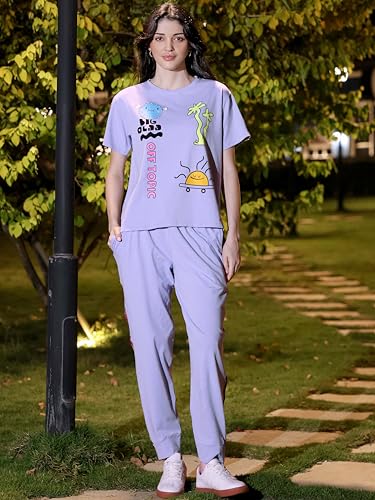 Image of ZEYO Night Suit for Women's Typography Printed Cotton Night Dress of Top and Joggers