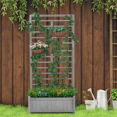 Raised Garden Bed With Trellis, Wood Planter Box For Climbing Outdoor Plants, 31.5" L X 16" W X 67" H #TOP6