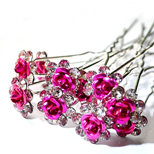 5starwarehouse® 10x Bridal Wedding Prom Silver Crystal Diamante Rose Flower Hair Pins Clips Grips (Hot Pink)
