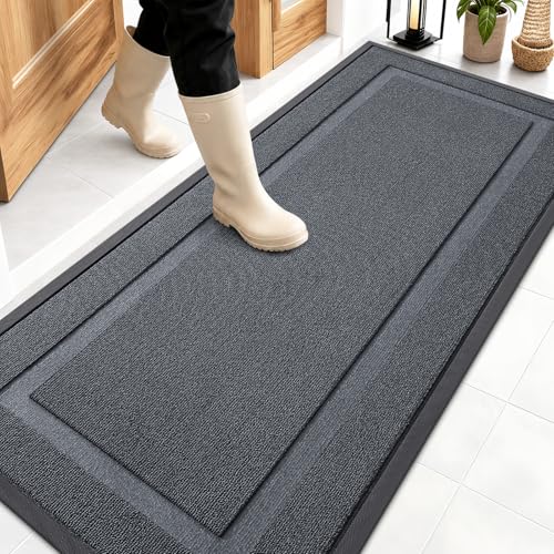 Image of OLANLY Front Door Mat Indoor Outdoor Entrance, Waterproof All-Season, All-Weather Doormat, Sturdy Natural Rubber, Low Profile, Easy Clean Patio Porch Entryway Mat, 59x23, Charcoal Gray