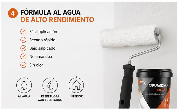 TAPAMANCHAS al agua para paredes y techos. Máxima cubrición. Humo, óxido, café, grasa, aceite. Cubre manchas en 2 manos. (4 Litros)
