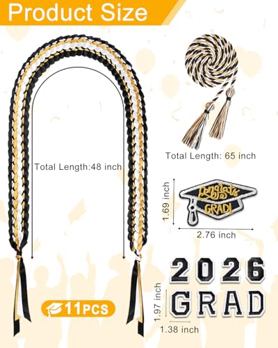 Image of Yigney Graduation Lei Set Class of 2026 Grad Ribbon Leis with Honor Cord Double Braided Graduate Leis for Men Women Black Gold White