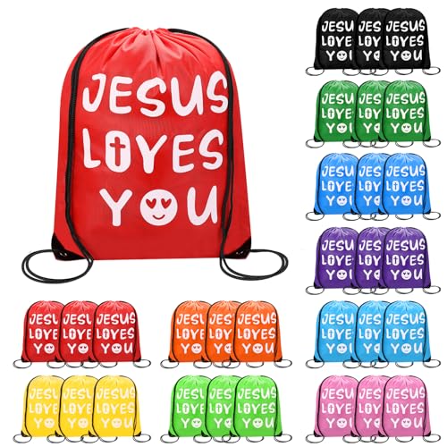 VZZNN Mochila com Cordão 'Jesus Te Ama' (30 Unidades) - Presente Cristão Em Grande Quantidade, Ideal para Lembrancinhas de Formatura, Igreja, Acampamento E Festas (Multicolorida)