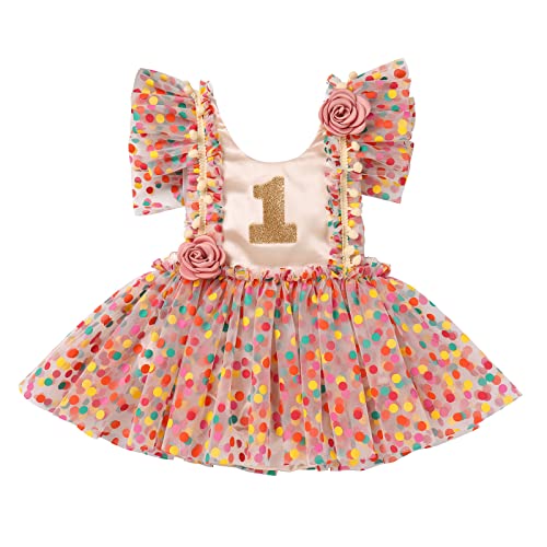 Baby Girls 1st Birthday Outfit Colorful Polka Dots Daisy Tulle Dresses Ruffle Shoulder Straps Sleeveless Vintage Princess Party Romper Tutu Dress Sparkling Cake Smash Clothes Apricot Polka Dot 1 Year