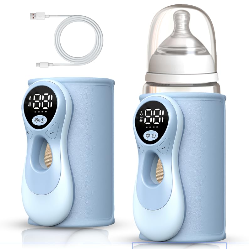 Flaschenwärmer Baby, 8000mAh Akku Tragbarer Flaschenwärmer für Unterwegs mit 6 Temperaturstufen & LED-Display, USB-C Schnellladung, Milchwärmer für Babyflaschen & Beikostgläschen (Blaue Taille)