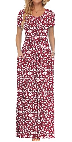 AUSELILY Damen Kurzarm Sommer Casual Long Maxi Kleider mit Taschen Rot geblümt 3XL 1