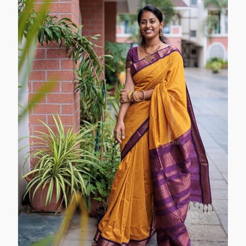 Image of DHIHA Gadwal Cotton Saree for Women | Pure Kalyani Cotton Saree with Zari Border Tassels & Blouse | Kanjivaram Linen Silk | Handloom Weave