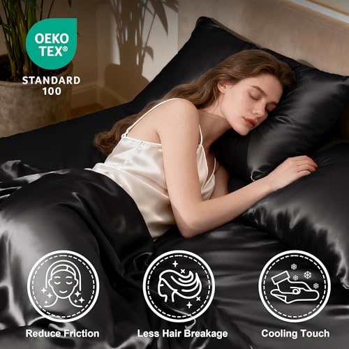 Image of Love's cabin Satin King Sheet Sets - 4 Piece Black Silky Sheets King Size Bed Set with Deep Pocket, Luxury Silk Feel King Size Satin Sheet Set (1 Flat Sheet,1 Fitted Sheet,2 Pillow Cases)