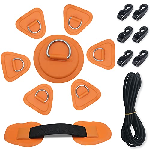 HLOGREE D-Ring Patch 7 Orange D Ring Patch,Bungee Cords 5mm 6m,6 Eagle Hooks Bungee Cord and SUP Handle D-Ring Patch for PVC Inflatable Boat SUP Kayak Canoe Deck Kayak Accessorie