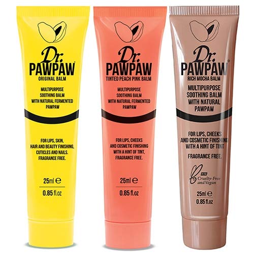 Dr. PAWPAW Classic Trio Bálsamo original, bálsamo teñido de melocotón rosa y bálsamo de moca rico teñido