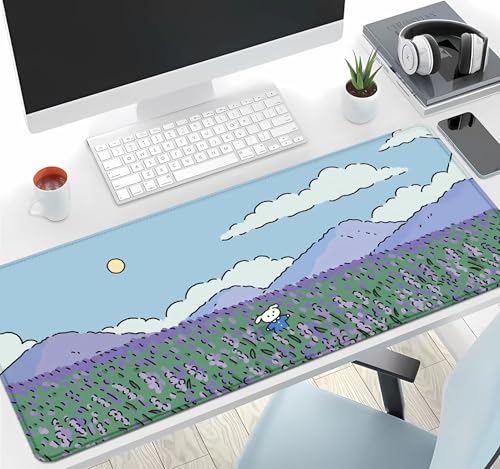 Image of IMAYONDIA Anime Lavender Desk Mat Cute, Green Purple Blue XL Large Gaming Mouse Pad for Laptop, Kawaii Landscape Japanese Deskmat, Mousepad Computer Pad, 31.5 X 11.8 Inch