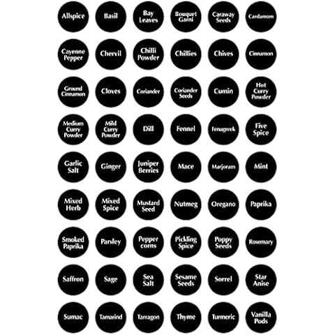 54 x Spice/Herb Storage Jar Kitchen Home Cooking Labels Stickers Decals - 30mm (Black with White Text) Cover
