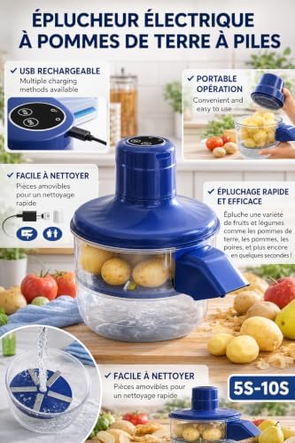 Eplucheur Pomme de Terre,éPlucheur de Pommes de Terre éLectrique Rechargeable Automatique à Un Bouton avec Lame en Acier Inoxydable pour Pommes de Terre, Carottes, Ail