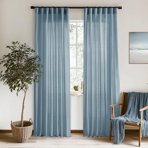Image of XTMYI Stone Blue Curtains 90 Inches Long for Living Room,Light Filtering Country Vintage Hooks Pleated Back Tab Semi Sheer Linen Curtains for Bedroom 2 Panels Set,Dusty Blue