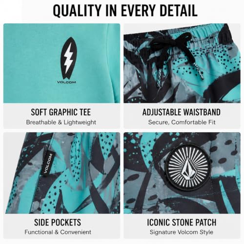 Image of Volcom Baby Boys Swim Set - 2 Piece Short Sleeve Swim Shirt Graphic Tees & Board Shorts - Infant Toddler Little Boys Swimsuit