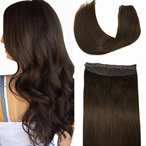 Queensstyle Remy Human Hair Extensions 100g Halo Hair Extensions Dark Brown 2# 20In Real Wire Hair Extensions Flip in Human Hair Extensions Invisible Crown Hairpiece Secret Fish Extensions